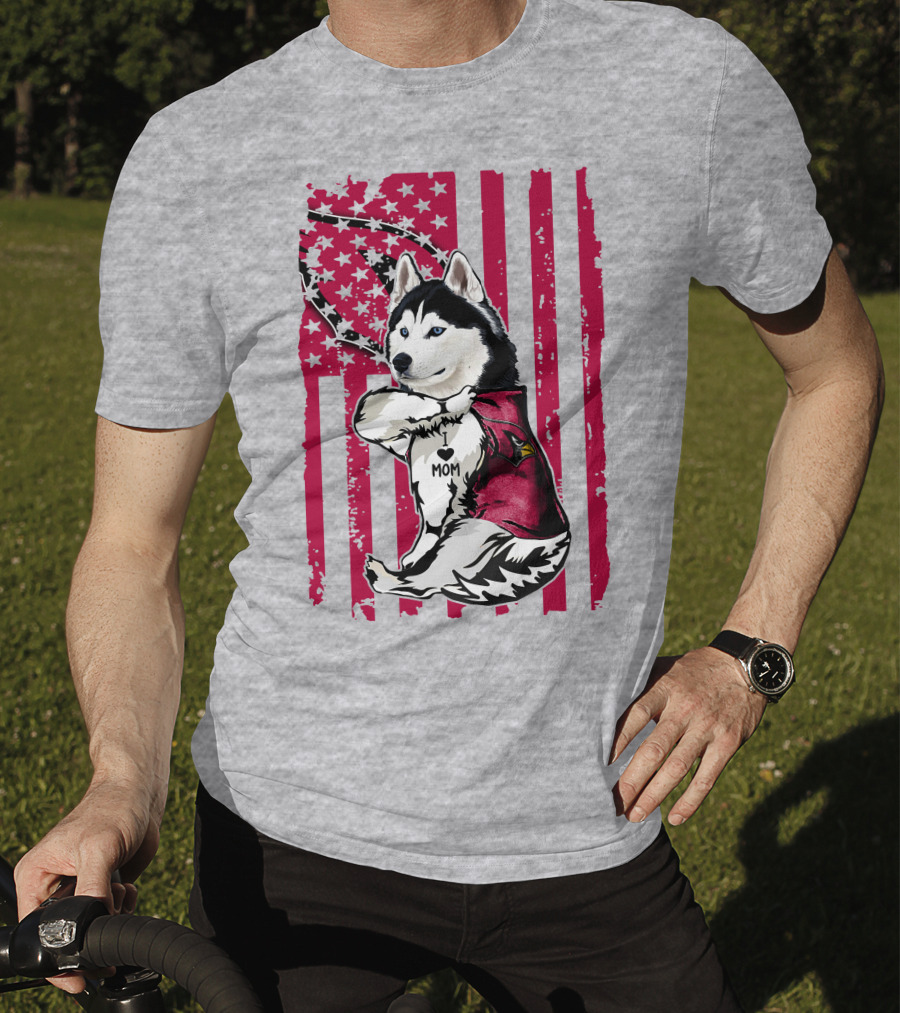 Siberian Husky I Love Mom Arizona Cardinals American Flag T-Shirt