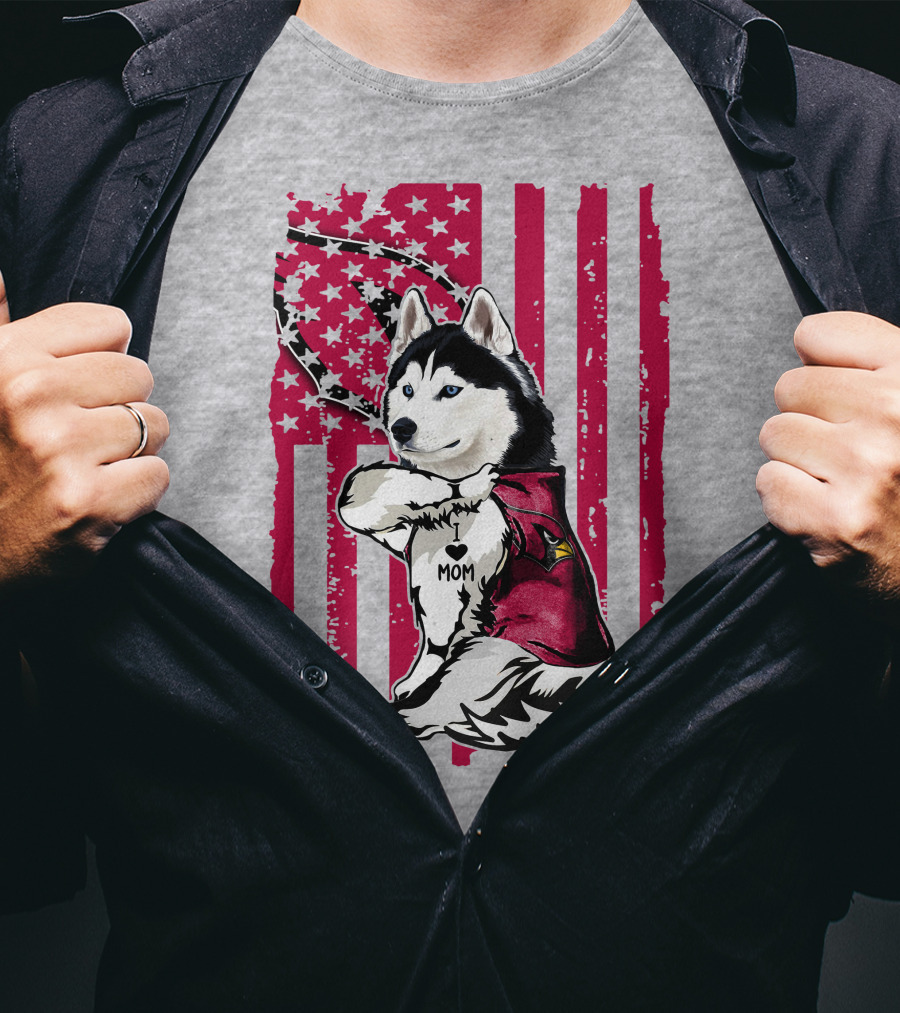 Siberian Husky I Love Mom Arizona Cardinals American Flag T-Shirt