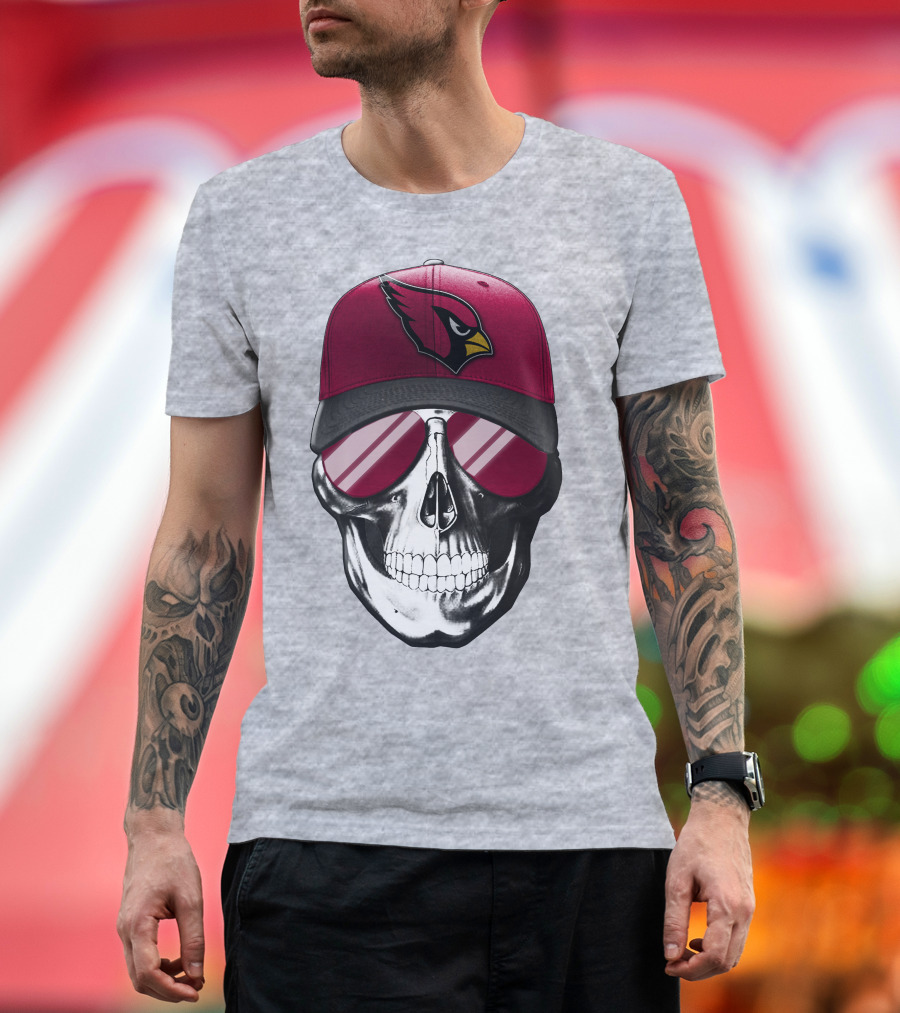 Skull V7 Arizona Cardinals Logo Hat And Sunglasses T-Shirt