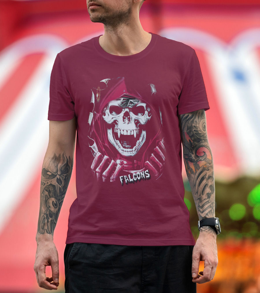 Atlanta Falcons Skull In Red Hood With Logo Elements T-Shirt