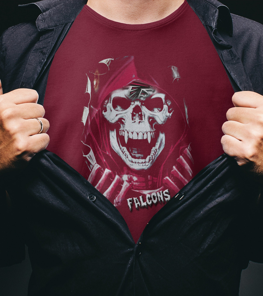 Atlanta Falcons Skull In Red Hood With Logo Elements T-Shirt