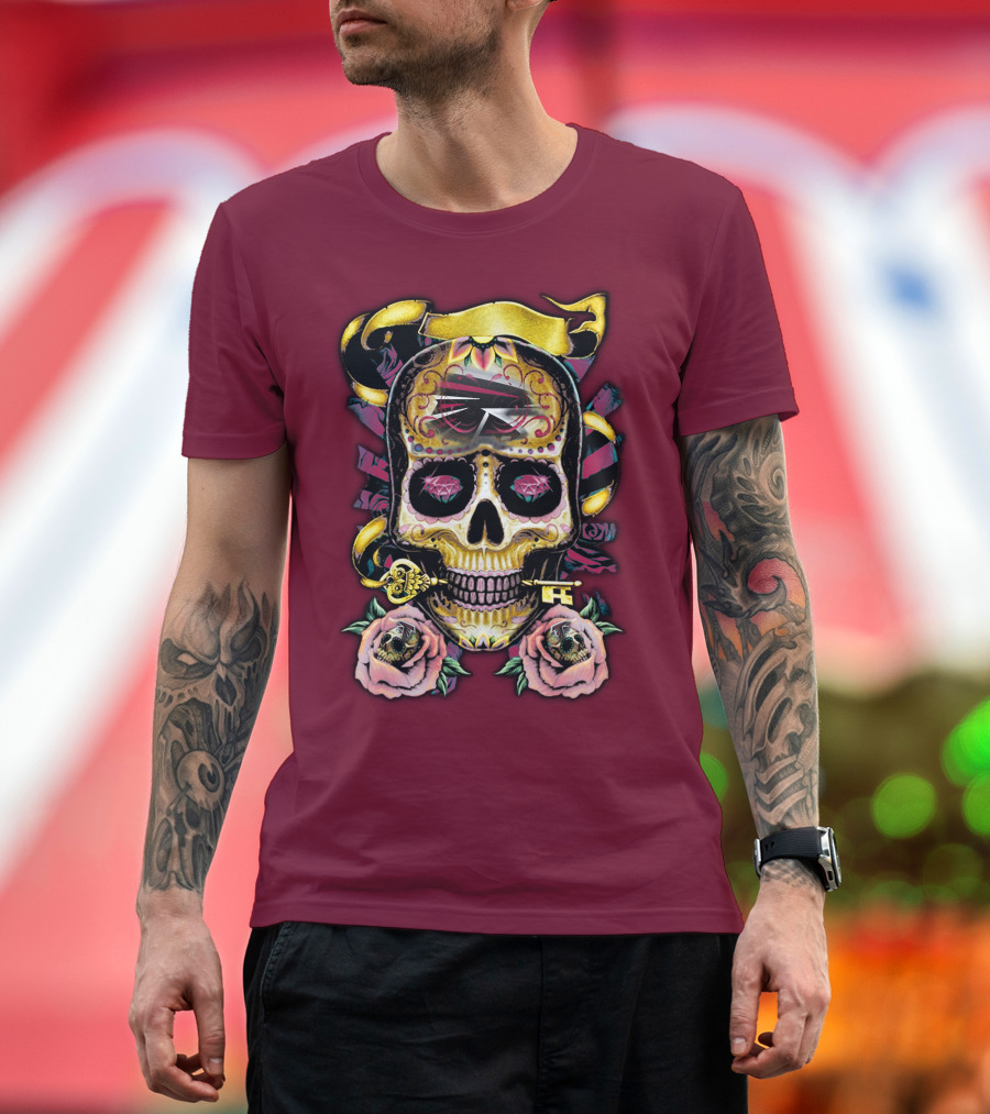 Atlanta Falcons Skull With Roses And Key T-Shirt