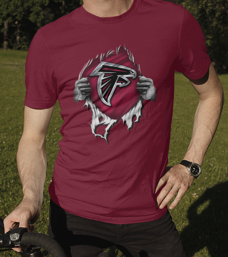 Torn Atlanta Falcons Logo With Hands Emerging T-Shirt