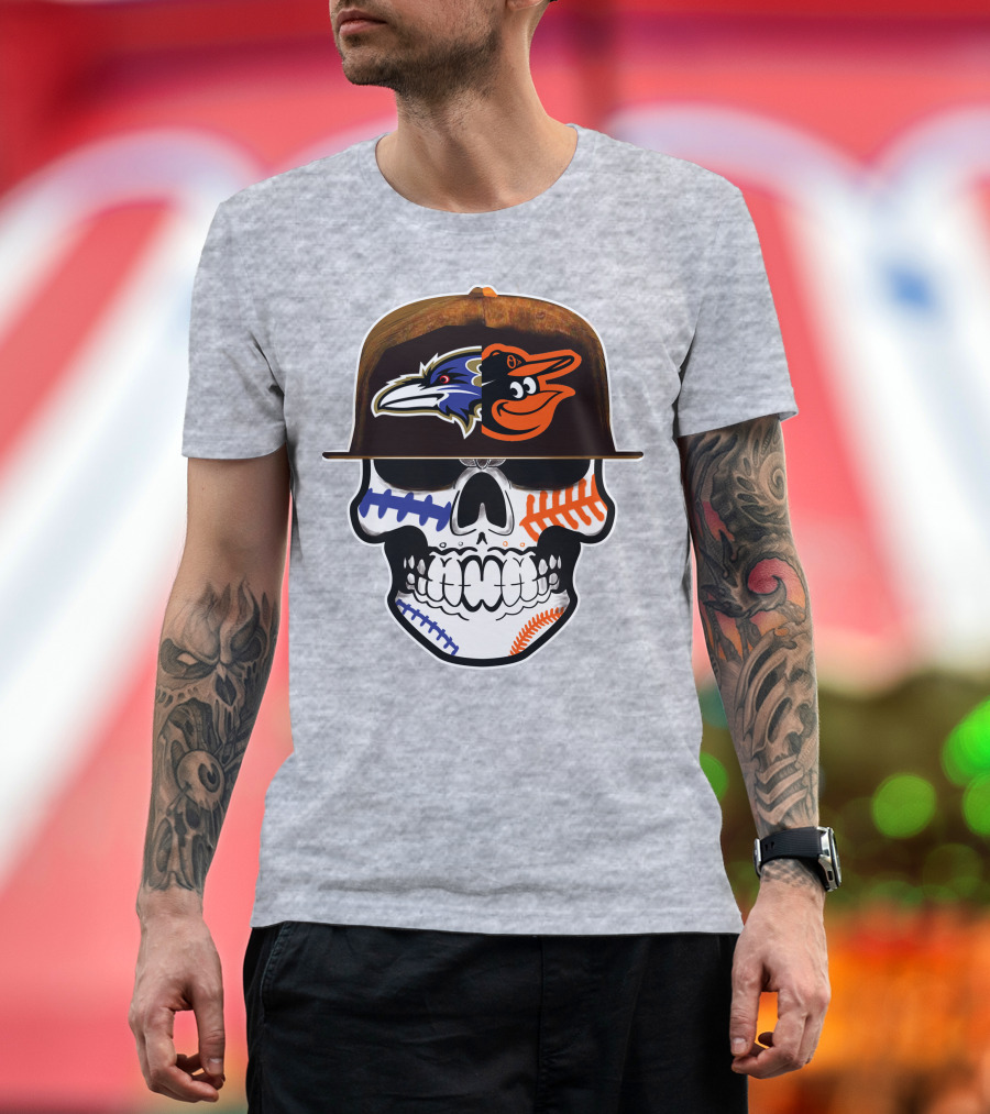 Baltimore Ravens Orioles Skull Baseball Crossover T-Shirt