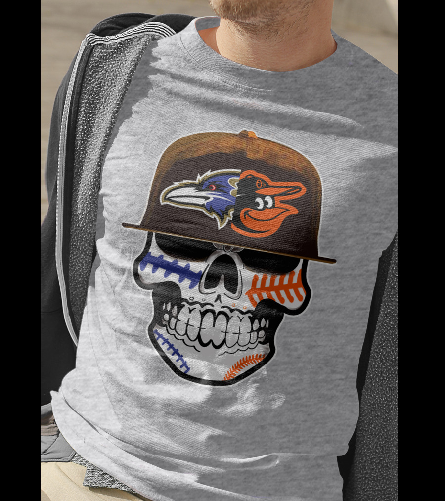 Baltimore Ravens Orioles Skull Baseball Crossover T-Shirt