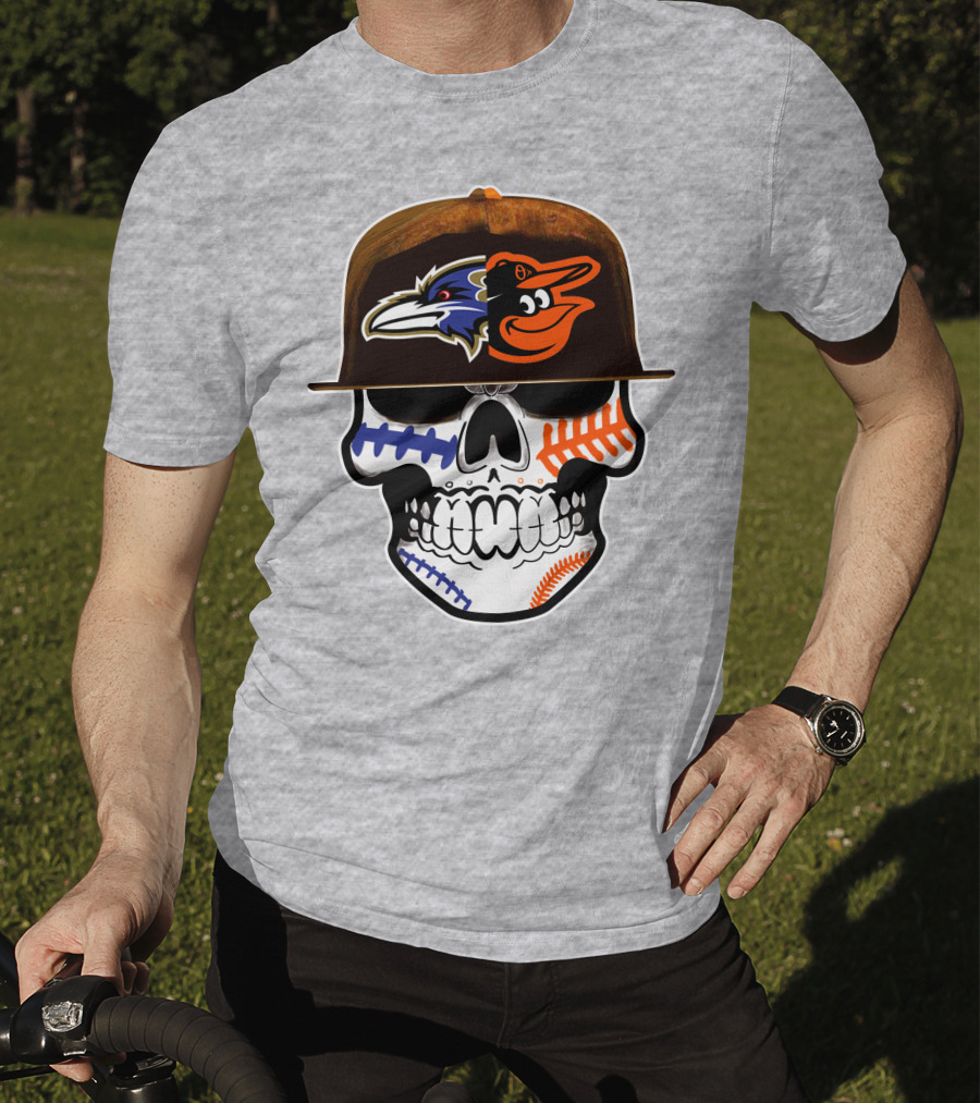 Baltimore Ravens Orioles Skull Baseball Crossover T-Shirt