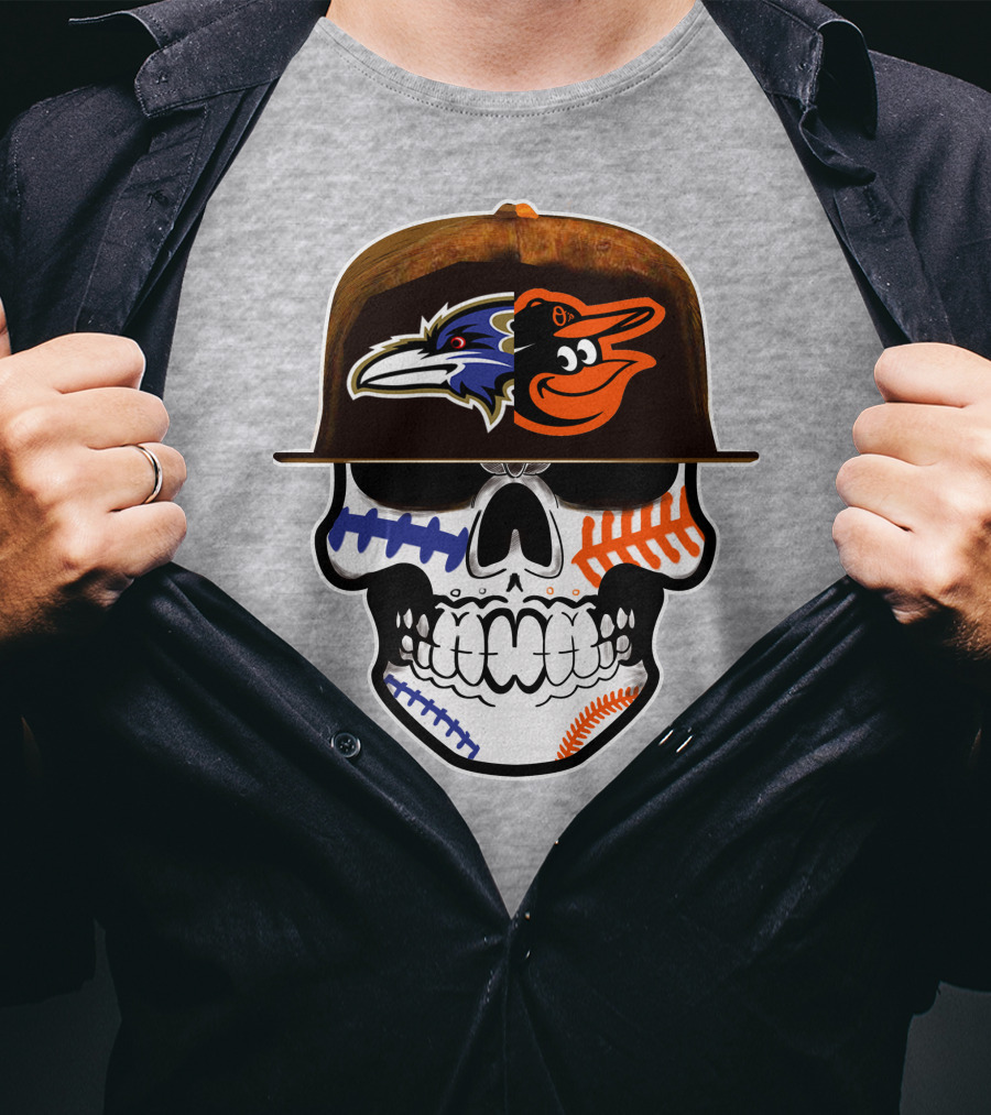 Baltimore Ravens Orioles Skull Baseball Crossover T-Shirt