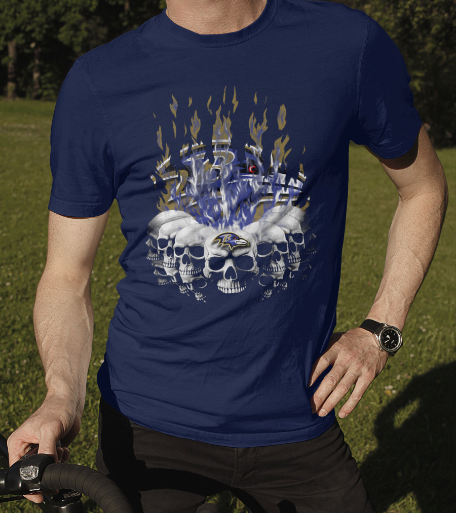 Baltimore Ravens Skull Flame Design With Team Logo T-Shirt