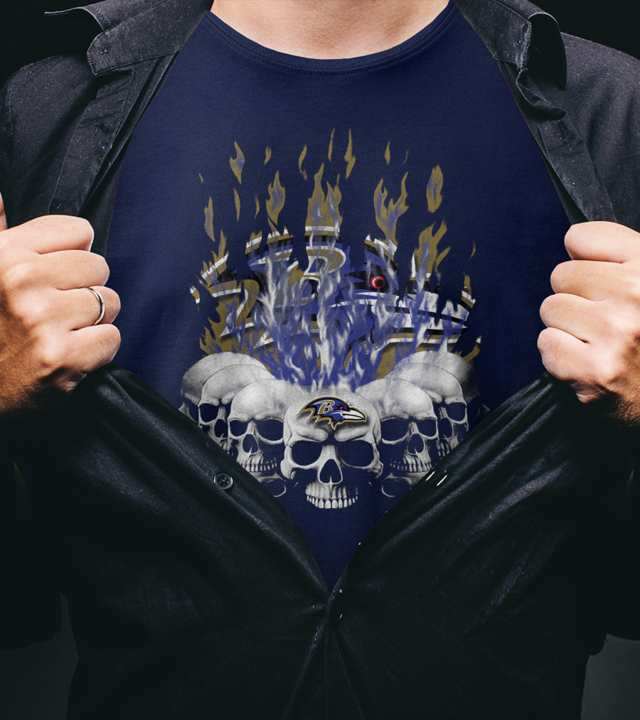 Baltimore Ravens Skull Flame Design With Team Logo T-Shirt