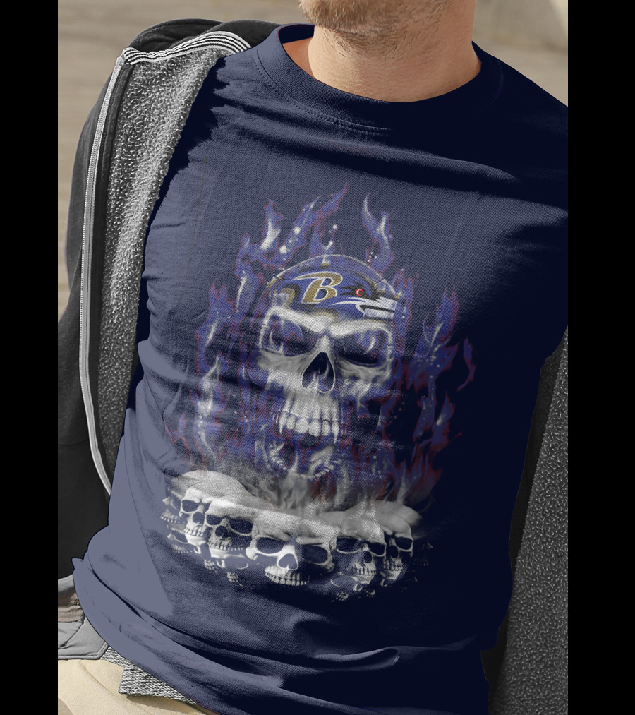 Baltimore Ravens 52 Skulls And Flames Football Helmet T-Shirt