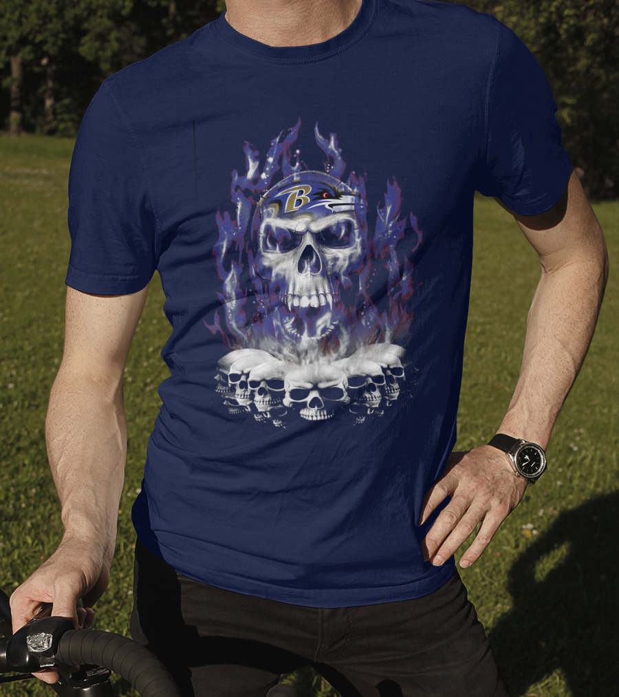 Baltimore Ravens 52 Skulls And Flames Football Helmet T-Shirt