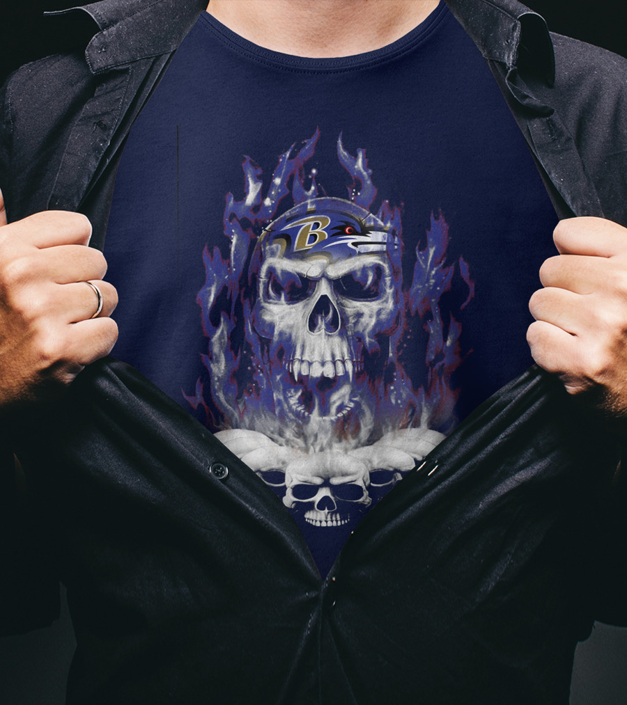 Baltimore Ravens 52 Skulls And Flames Football Helmet T-Shirt