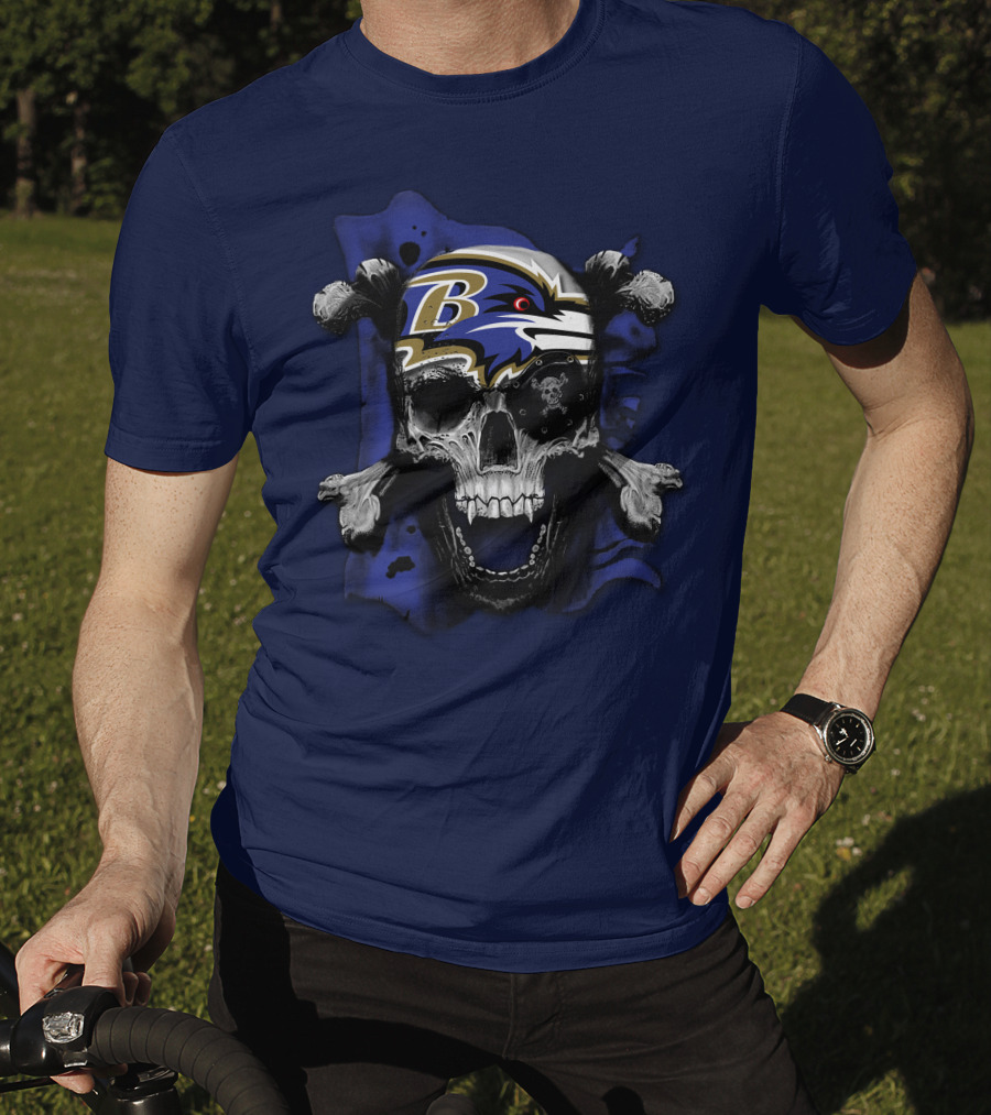 Baltimore Ravens Skull And Crossbones Logo Dark Theme T-Shirt