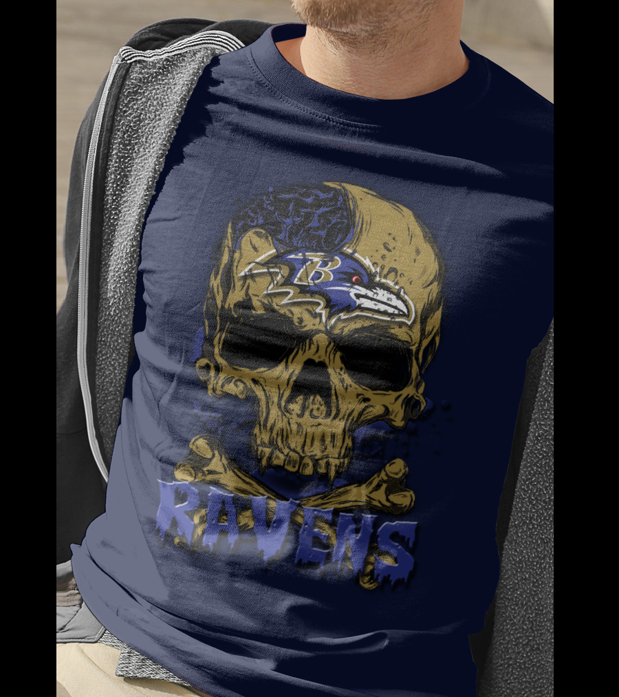 Baltimore Ravens Skull Artwork With Logo And Number T-Shirt