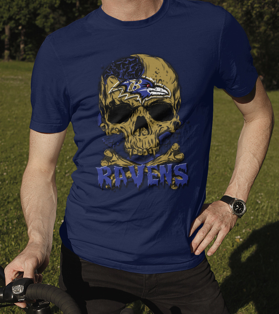Baltimore Ravens Skull Artwork With Logo And Number T-Shirt