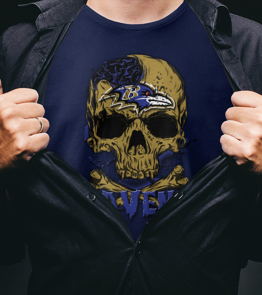 Baltimore Ravens Skull Artwork With Logo And Number T-Shirt
