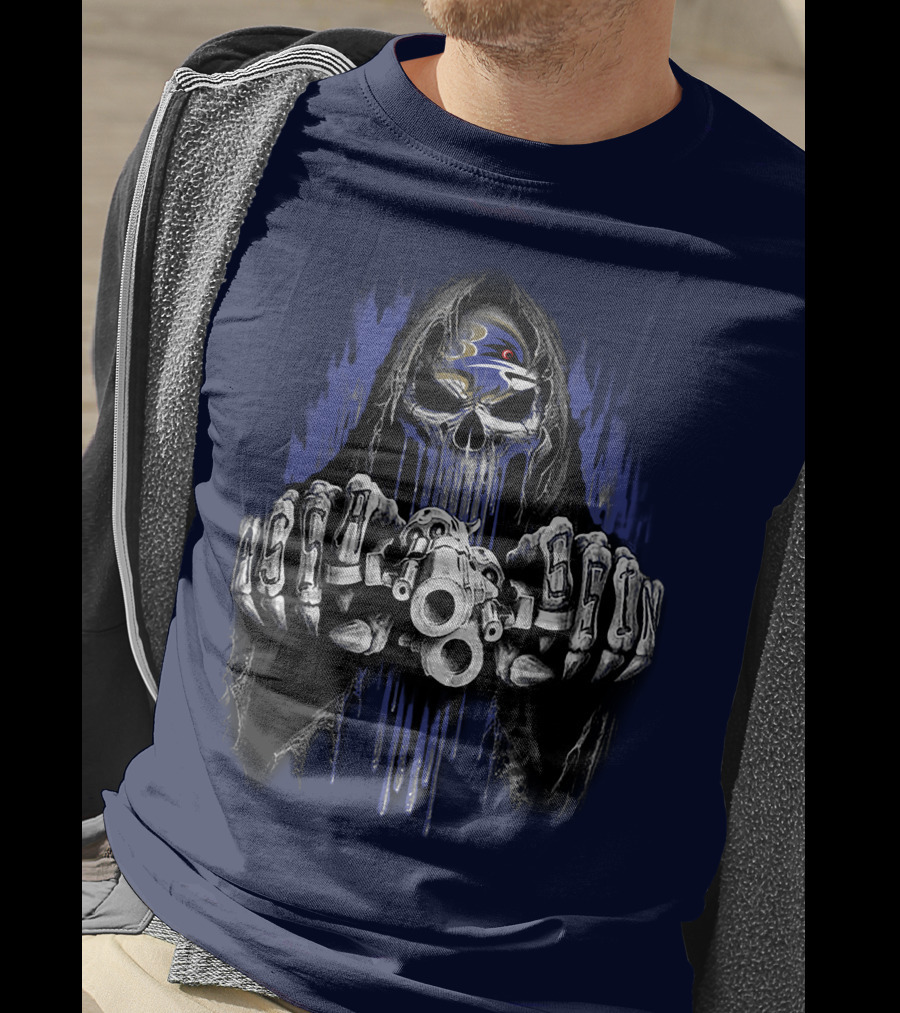 Baltimore Ravens Skull Reaper Gun Fists T-Shirt