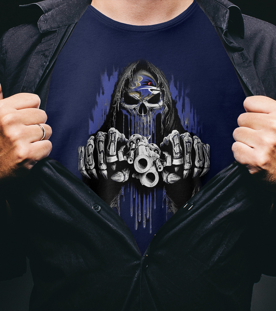 Baltimore Ravens Skull Reaper Gun Fists T-Shirt