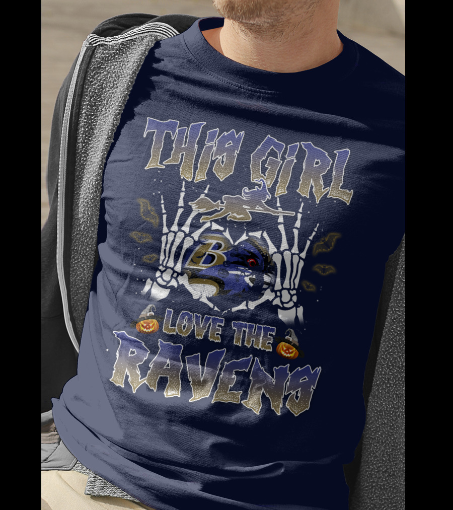 This Girl Loves The Baltimore Ravens 80 Halloween Skeleton Theme T-Shirt