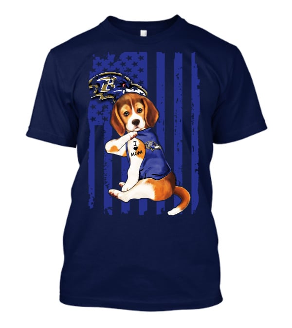 Beagle Puppy I Love Mom Baltimore Ravens Fan With Tattoo And Team Jersey T-Shirt