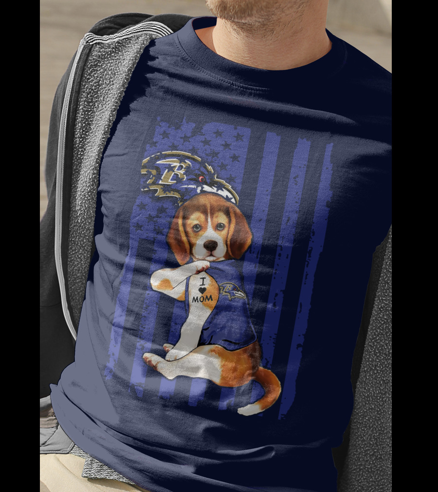 Beagle Puppy I Love Mom Baltimore Ravens Fan With Tattoo And Team Jersey T-Shirt