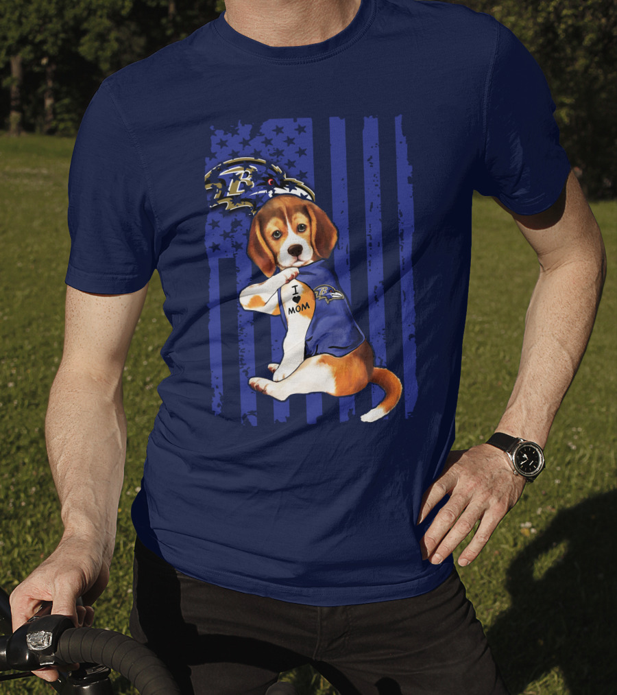 Beagle Puppy I Love Mom Baltimore Ravens Fan With Tattoo And Team Jersey T-Shirt