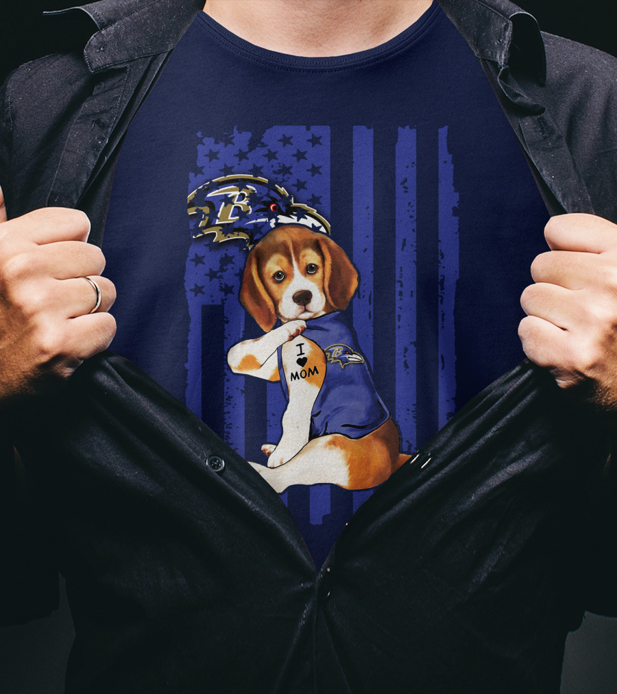 Beagle Puppy I Love Mom Baltimore Ravens Fan With Tattoo And Team Jersey T-Shirt