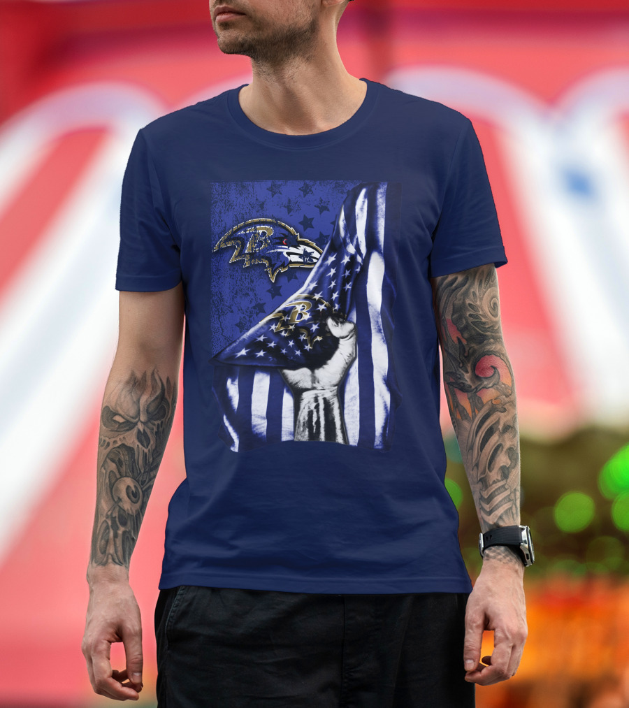 Fist Holding American Flag with Baltimore Ravens Logo and Stars T-Shirt
