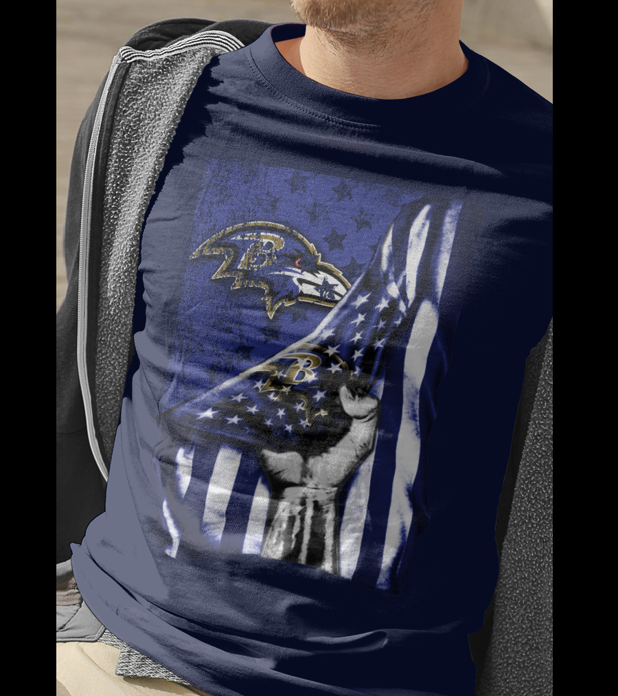Fist Holding American Flag With Baltimore Ravens Logo And Stars T-Shirt
