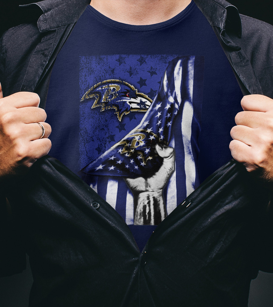 Fist Holding American Flag With Baltimore Ravens Logo And Stars T-Shirt
