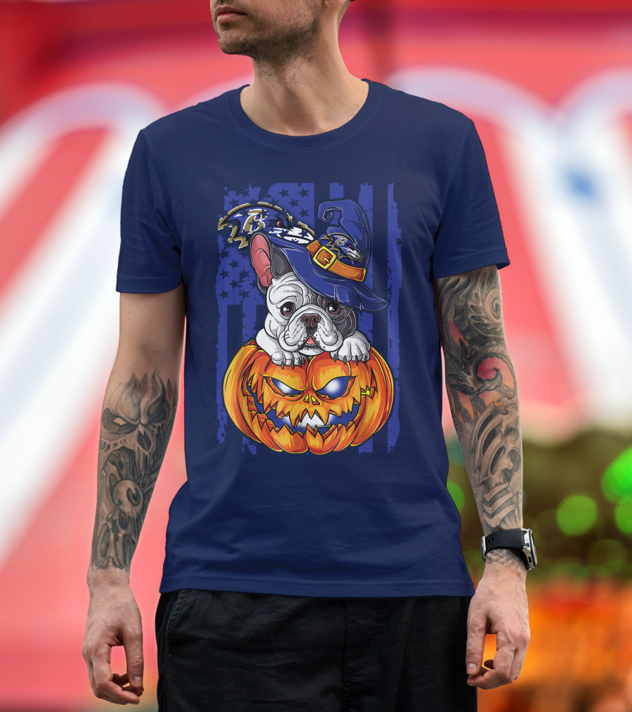 Bulldog in Wizard Hat on Jack-o'-Lantern with Baltimore Ravens T-Shirt