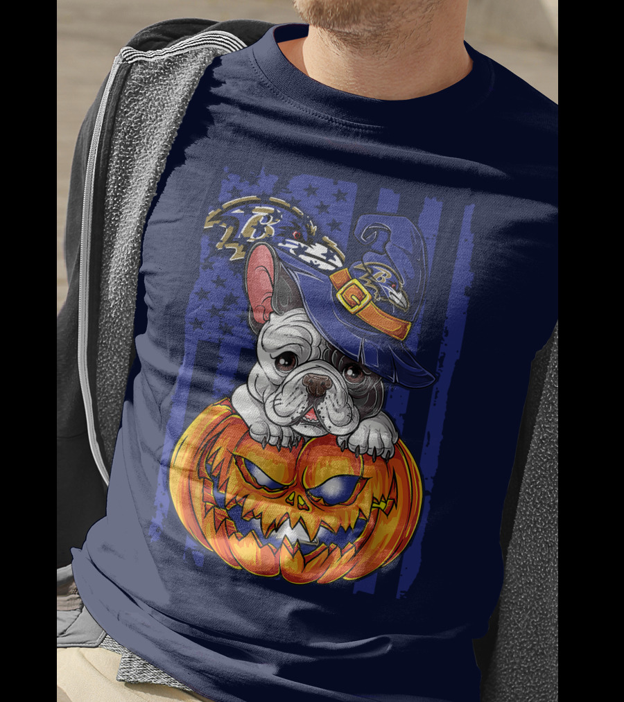 Bulldog In Wizard Hat On Jack-o'-Lantern With Baltimore Ravens T-Shirt