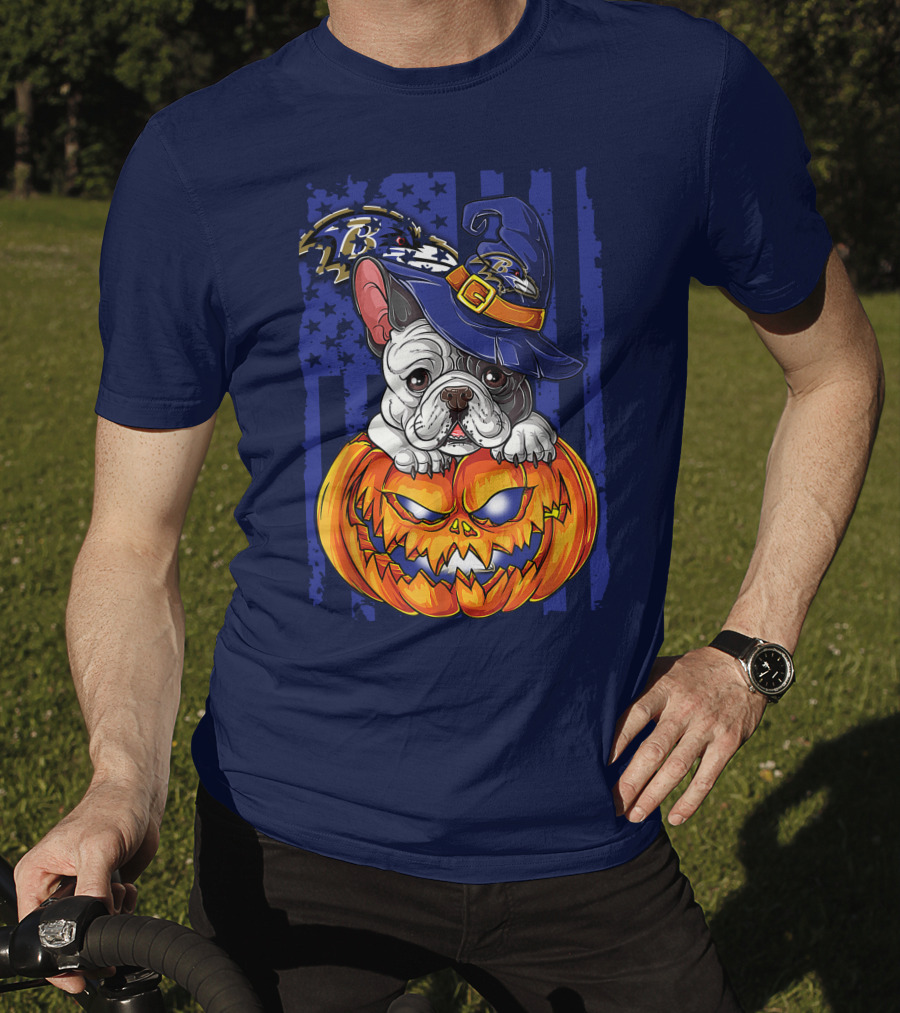 Bulldog In Wizard Hat On Jack-o'-Lantern With Baltimore Ravens T-Shirt