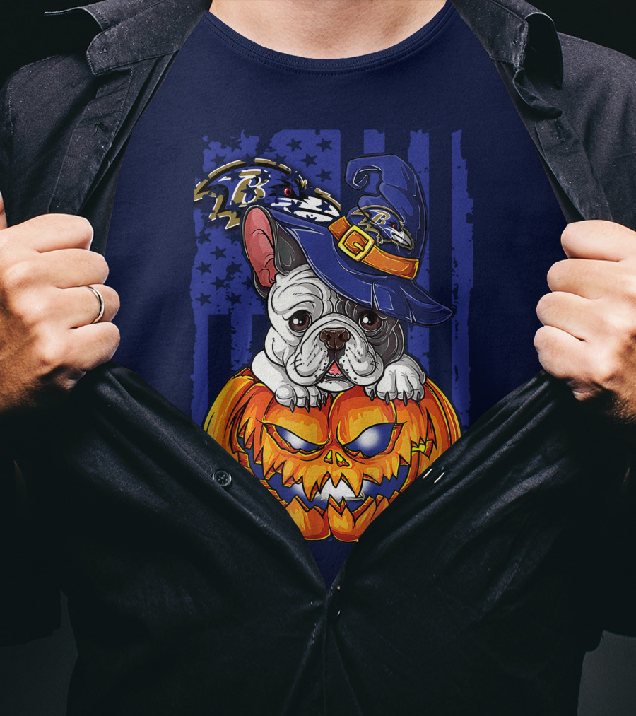 Bulldog In Wizard Hat On Jack-o'-Lantern With Baltimore Ravens T-Shirt