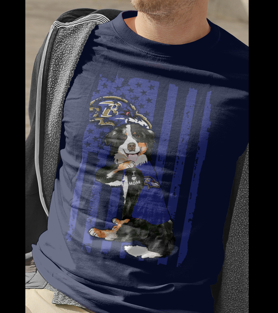 Border Collie Wearing Baltimore Ravens Gear With I Love Mom Tattoo T-Shirt