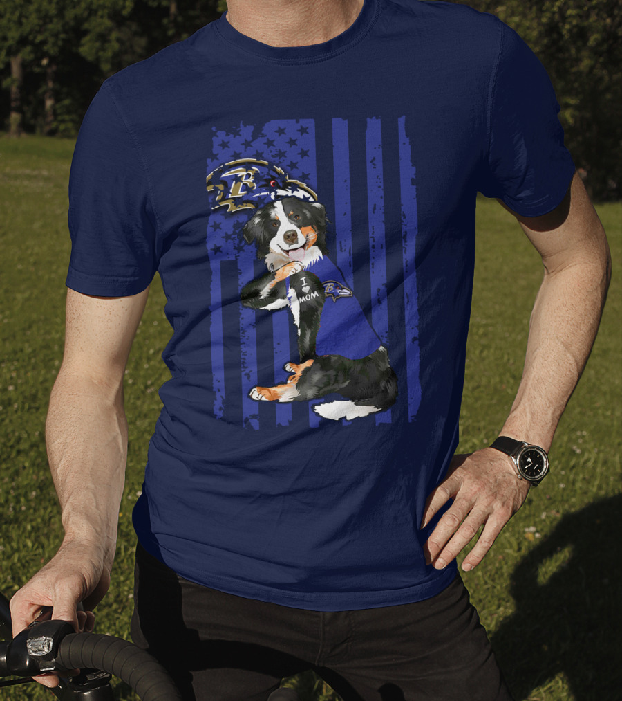 Border Collie Wearing Baltimore Ravens Gear With I Love Mom Tattoo T-Shirt
