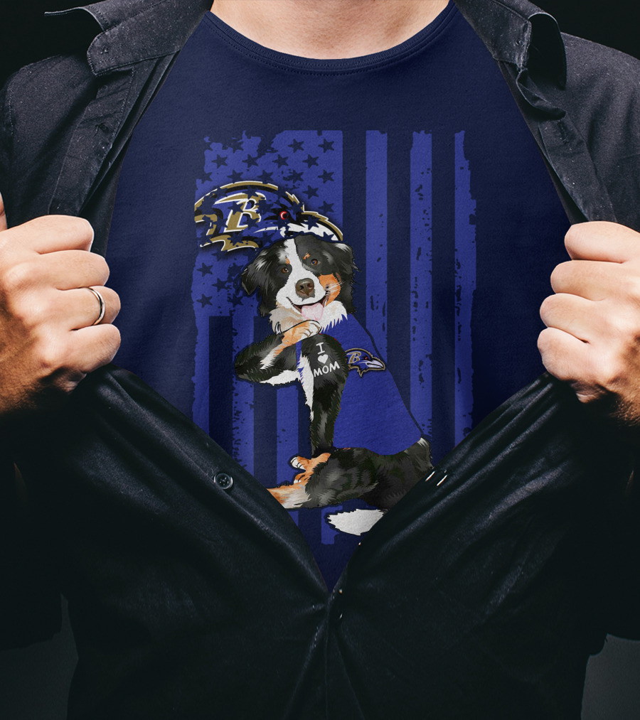 Border Collie Wearing Baltimore Ravens Gear With I Love Mom Tattoo T-Shirt