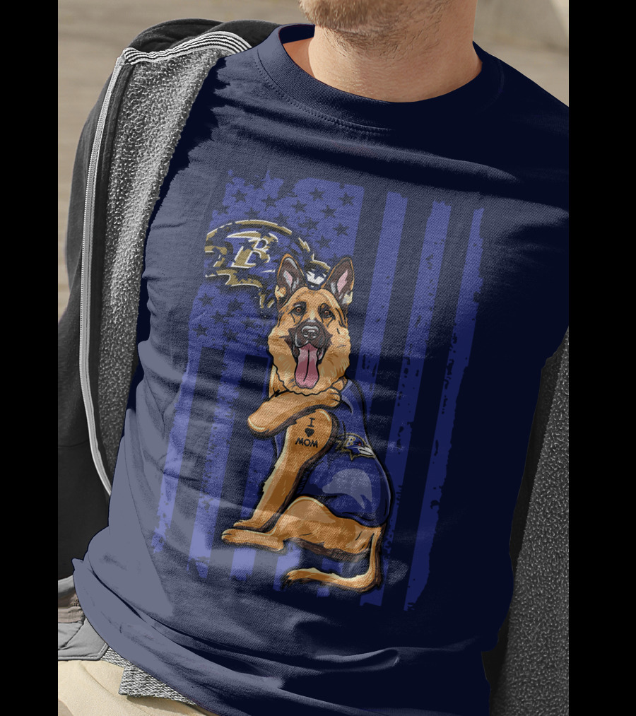 German Shepherd Illustrated With Baltimore Ravens NFL Symbol And I Love Mom Tattoo T-Shirt