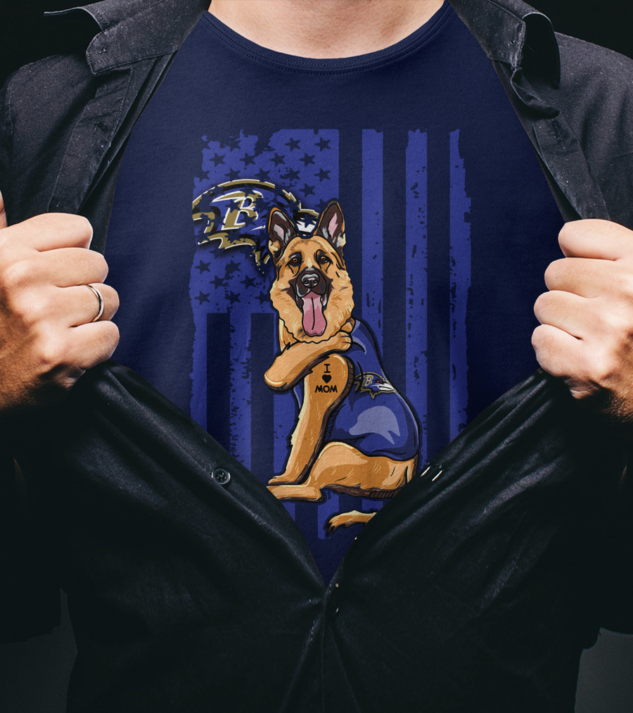 German Shepherd Illustrated With Baltimore Ravens NFL Symbol And I Love Mom Tattoo T-Shirt