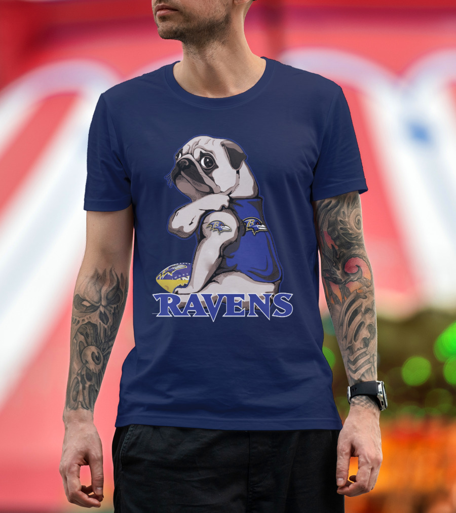 Pug Wearing Baltimore Ravens Football Jersey With Ravens Logo And Football T-Shirt