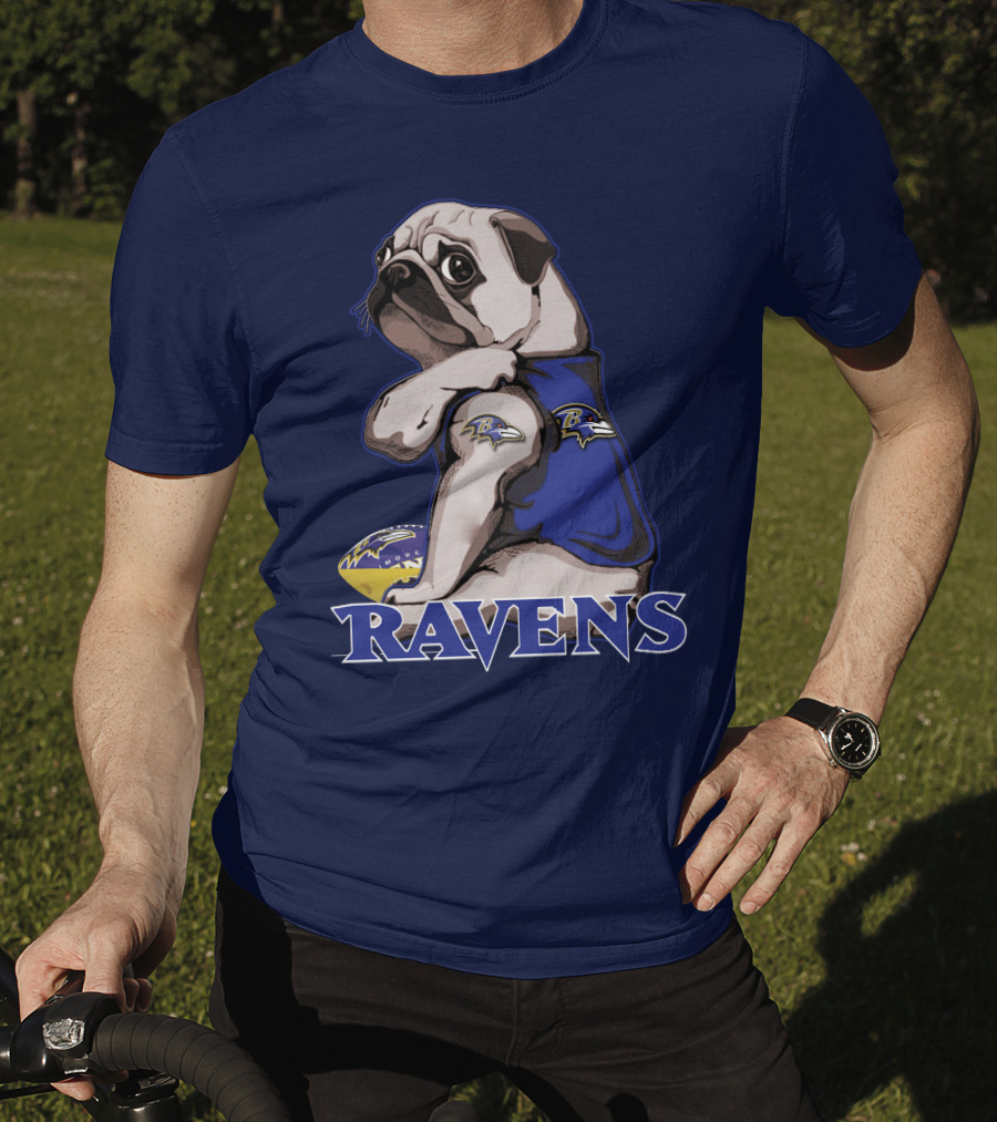 Pug Wearing Baltimore Ravens Football Jersey With Ravens Logo And Football T-Shirt