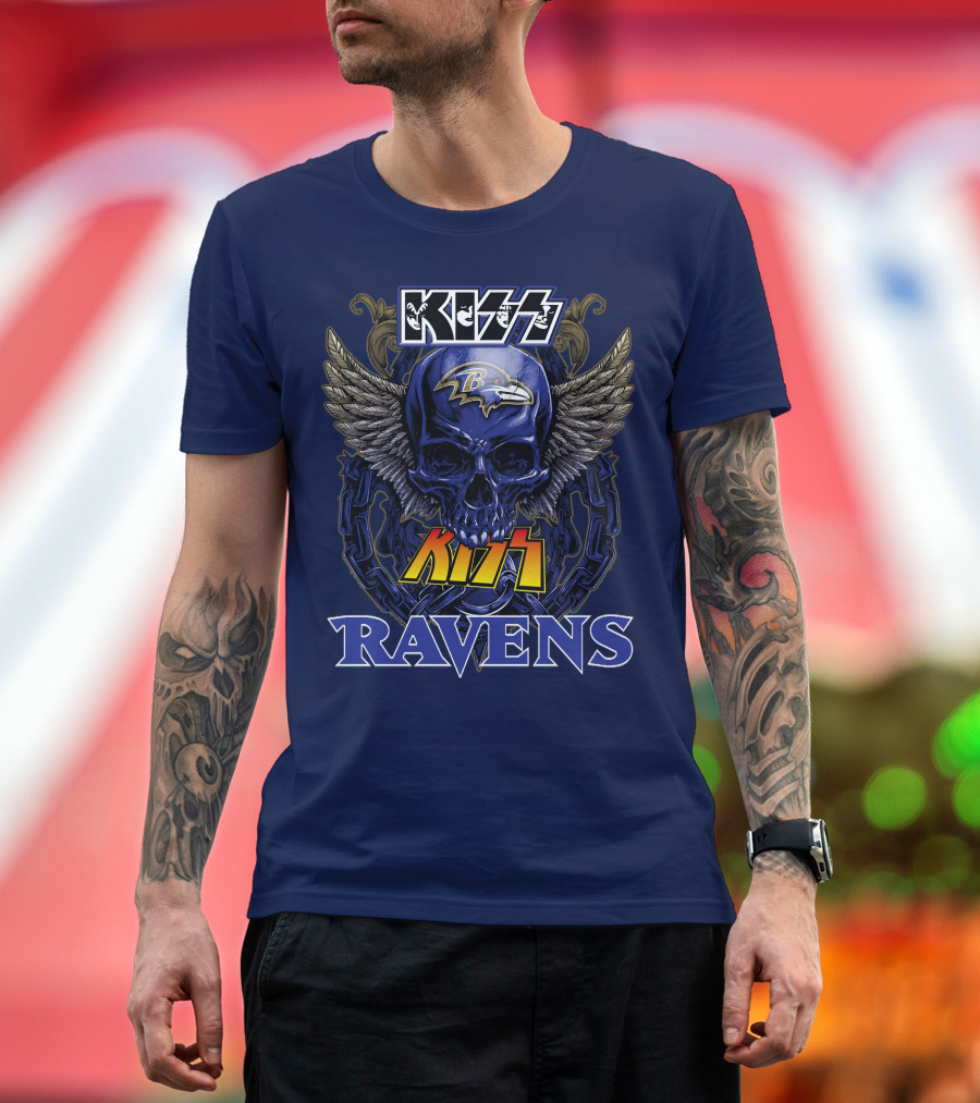 Kiss Ravens Baltimore Football Skull Wings T-Shirt