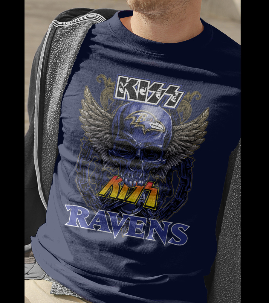Kiss Ravens Baltimore Football Skull Wings T-Shirt