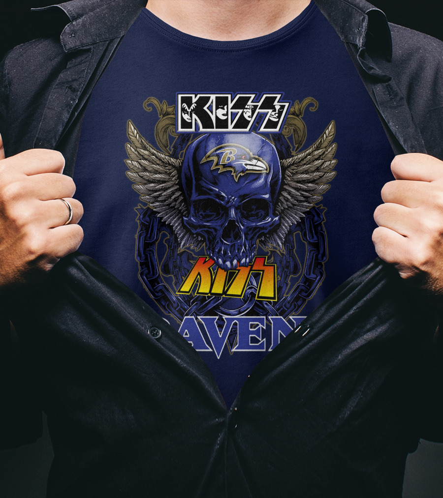 Kiss Ravens Baltimore Football Skull Wings T-Shirt