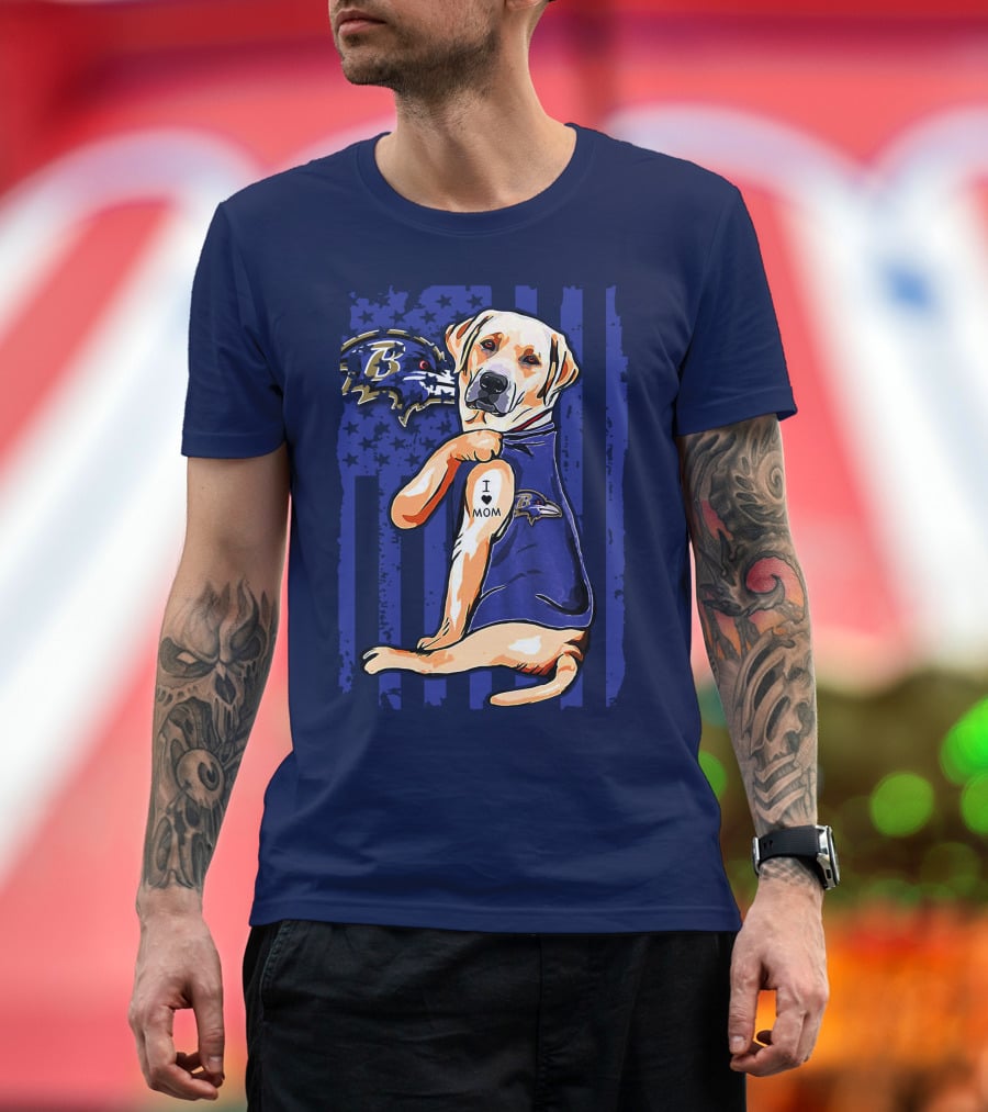 Labrador Retriever I Love Mom Baltimore Ravens Fan Dog With Tattoo And Team T-Shirt