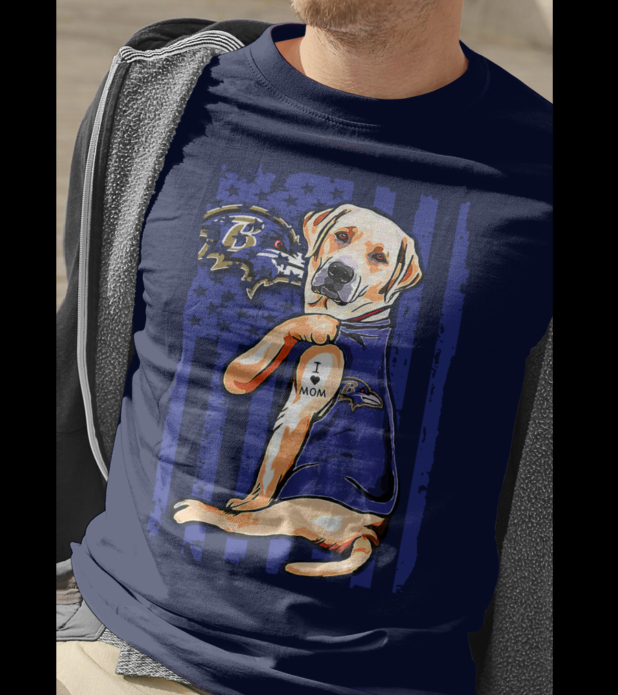 Labrador Retriever I Love Mom Baltimore Ravens Fan Dog With Tattoo And Team T-Shirt