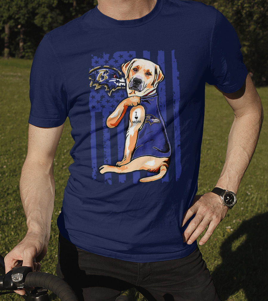 Labrador Retriever I Love Mom Baltimore Ravens Fan Dog With Tattoo And Team T-Shirt