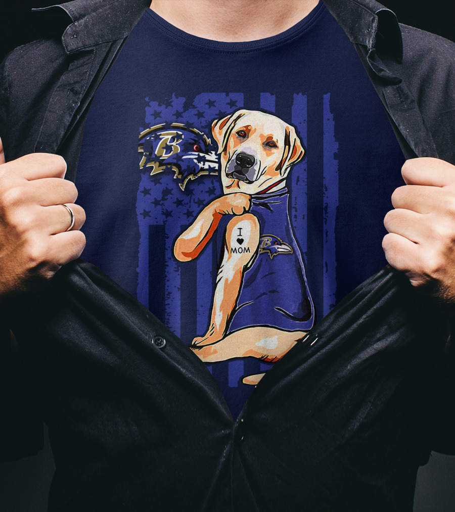 Labrador Retriever I Love Mom Baltimore Ravens Fan Dog With Tattoo And Team T-Shirt