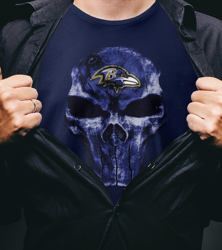 Skull Baltimore Ravens Logo Blue Skull T-Shirt