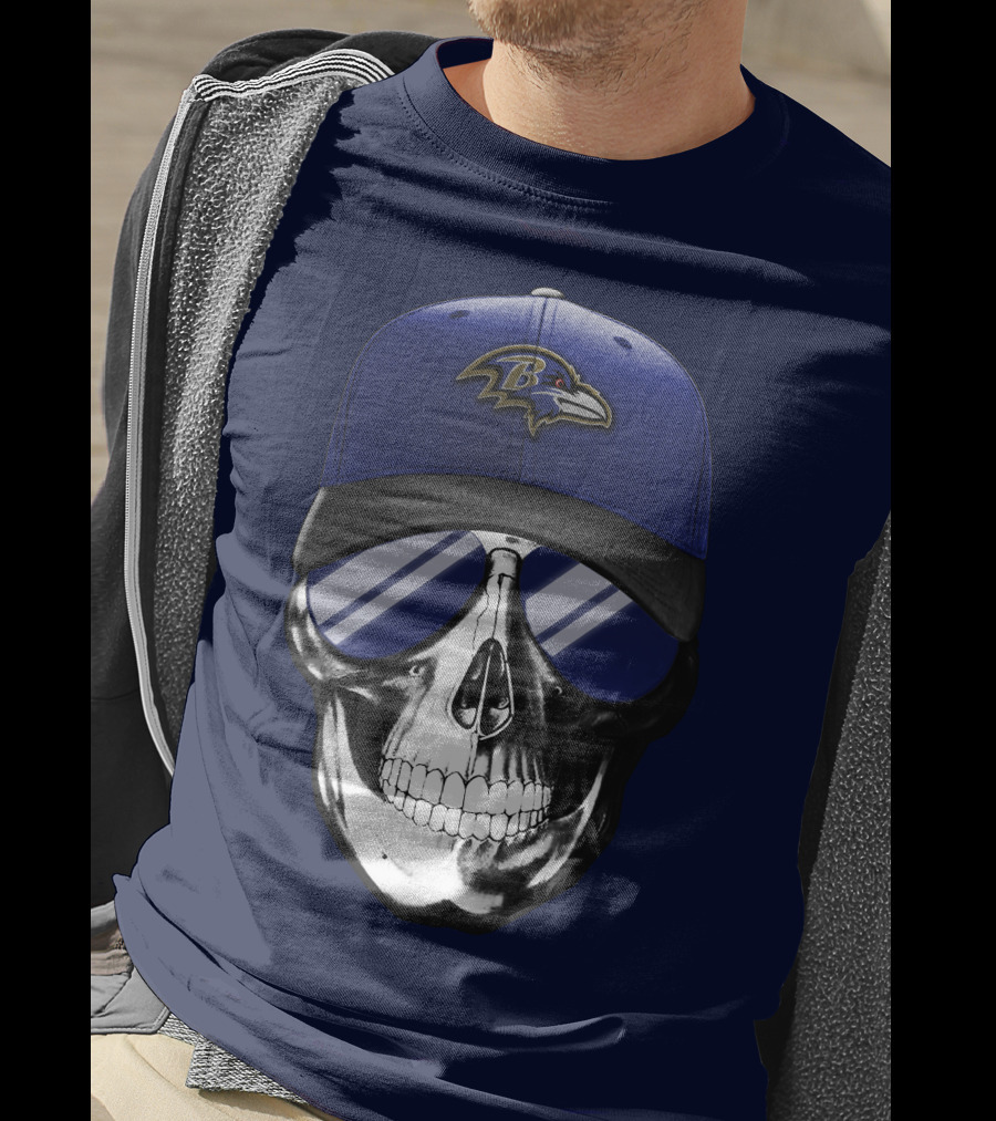 Skull With Baltimore Ravens Cap And Sunglasses T-Shirt